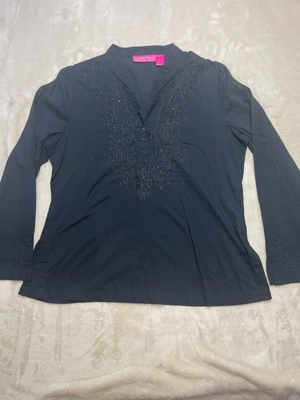 Erik Stewart Black Embroidered Tunic Blouse Size L Boho Cotton Top